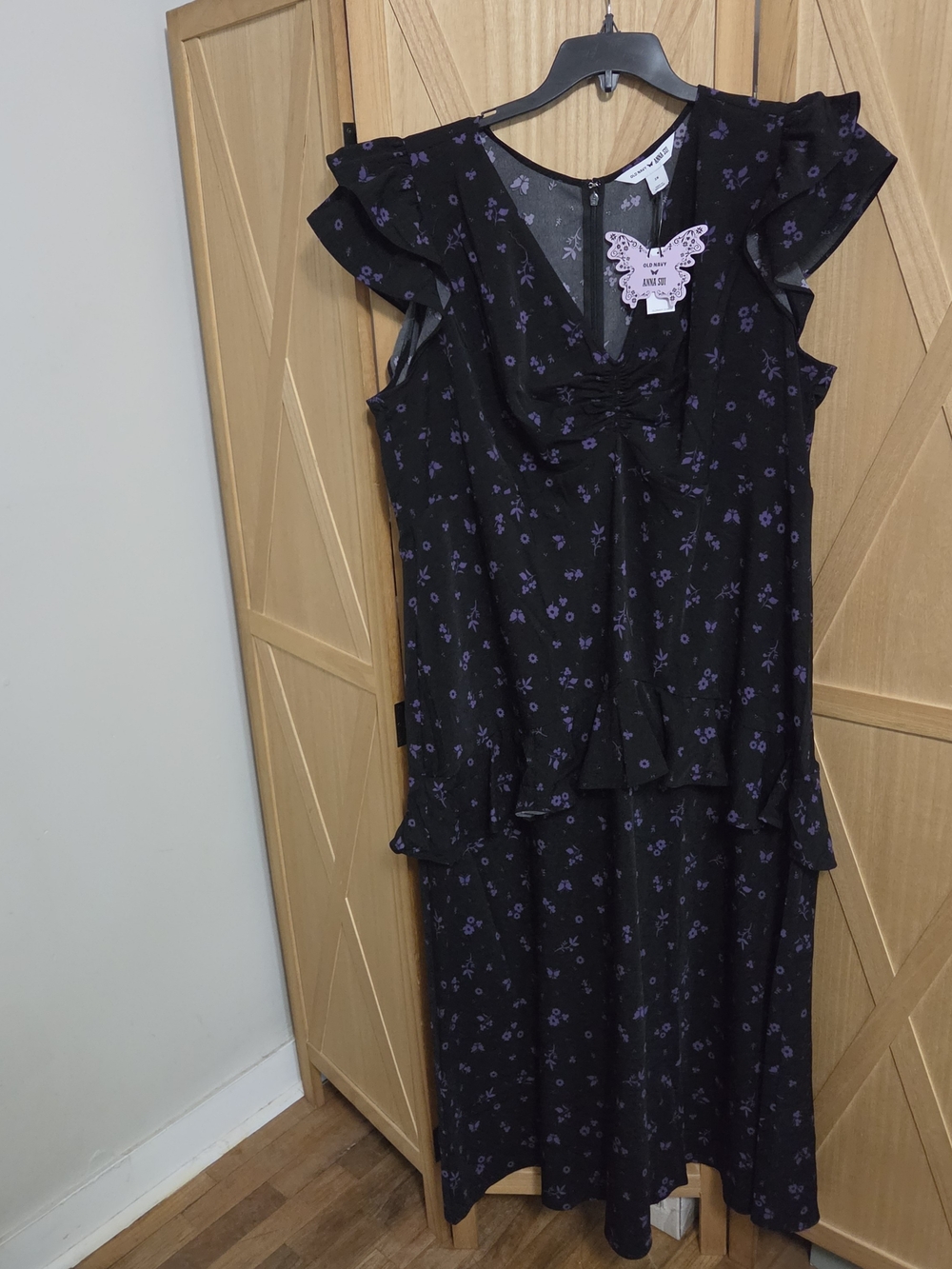 Black Floral Ruffle Midi Dress with Purple Print